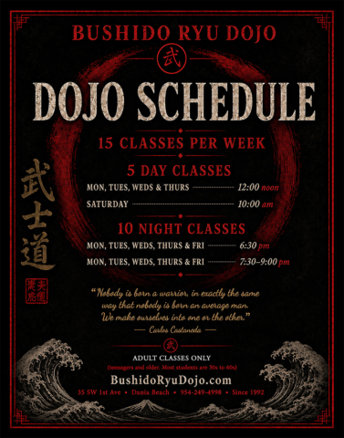 Bushido Ryu Dojo class schedule times and hours Dania Beach Florida