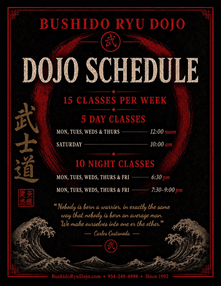 Bushido Ryu Dojo class schedule times and hours Dania Beach Florida