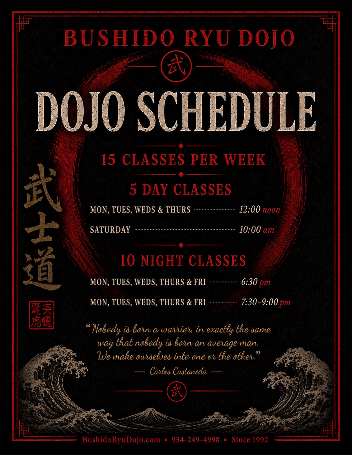 Bushido Ryu Dojo class schedule times and hours Dania Beach Florida