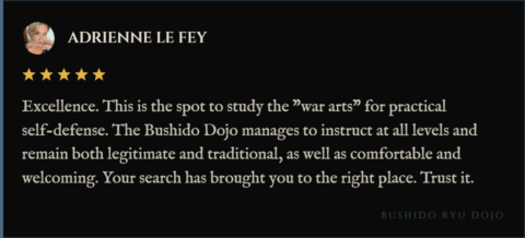 5-star review for Bushido Ryu Dojo from Adrienne Le Fey: "Excellence. This is the spot to study the "war arts" for practical self-defense. The Bushido Dojo manages to instruct at all levels and remain both legitimate and traditional, as well as comfortable and welcoming. Your search has brought you to the right place. Trust it."