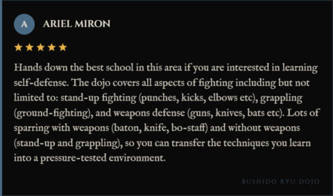 5-star review for Bushido Ryu Dojo from Ariel Miron: "Hands down the best school in this area if you are interested in learning self-defense. The dojo covers all aspects of fighting including but not limited to: stand-up fighting (punches, kicks, elbows etc), grappling (ground-fighting), and weapons defense (guns, knives, bats etc). Lots of sparring with weapons (baton, knife, bo-staff) and without weapons (stand-up and grappling), so you can transfer the techniques you learn into a pressure-tested environment."