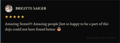 5-star review for Bushido Ryu Dojo from Brigitte Saiger: "Amazing Sensei!!! Amazing people Just so happy to be a part of this dojo could not have found better 😎"