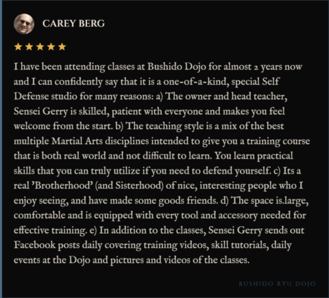 5-star review for Bushido Ryu Dojo from Carey