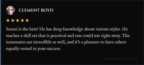 5-star review for Bushido Ryu Dojo from Clement Boyd: "Sensei is the best! He has deep knowledge about various styles. He teaches a skill set that is practical and one could use right away. The teammates are incredible as well, and it’s a pleasure to have others equally vested in your success."