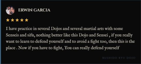 5-star review for Bushido Ryu Dojo from Erwin Garcia: "I have practice in several Dojos and several martial arts with some Senseis and sifu, nothing better like this Dojo and Sensei , if you really want to learn to defend yourself and to avoid a fight too, then this is the place . Now if you have to fight, You can really defend yourself"