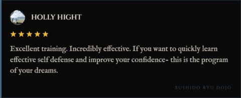 5-star review for Bushido Ryu Dojo from Holly Hight: "Excellent training. Incredibly effective. If you want to quickly learn effective self defense and improve your confidence- this is the program of your dreams."