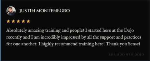 5-star review for Bushido Ryu Dojo from Justin Montenegro: "Absolutely amazing training and people! I started here at the Dojo recently and I am incredibly impressed by all the support and practices for one another. I highly recommend training here! Thank you Sensei"