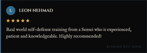 5-star review for Bushido Ryu Dojo from Leon Nehmad: "Real world self-defense training from a Sensei who is experienced, patient and knowledgeable. Highly recommended!"