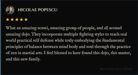 5-star review for Bushido Ryu Dojo from Nicolae Popescu : "What an amazing sensei, amazing group of people, and all around amazing dojo. They incorporate multiple fighting styles to teach real world practical self defense while truly embodying the fundamental principles of balance between mind body and soul through the practice of zen in martial arts. I feel blessed to have found this dojo, this master, and this new family."