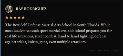 5-star review for Bushido Ryu Dojo from Ray Rodriguez: "The Best Self Defense Martial Arts School in South Florida. While most academies teach sport martial arts, this school prepares you for real life situations, street combat, hand to hand fighting, defense against sticks, knives, guns, even multiple attackers."