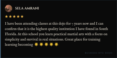5-star review for Bushido Ryu Dojo from Sela Amrani: "I have been attending classes at this dojo for 7 years now and I can confirm that it is the highest quality institution I have found in South Florida. At this school you learn practical martial arts with a focus on simplicity and survival in real situations. Great place for training learning becoming 🌟🌟🌟🌟🌟"