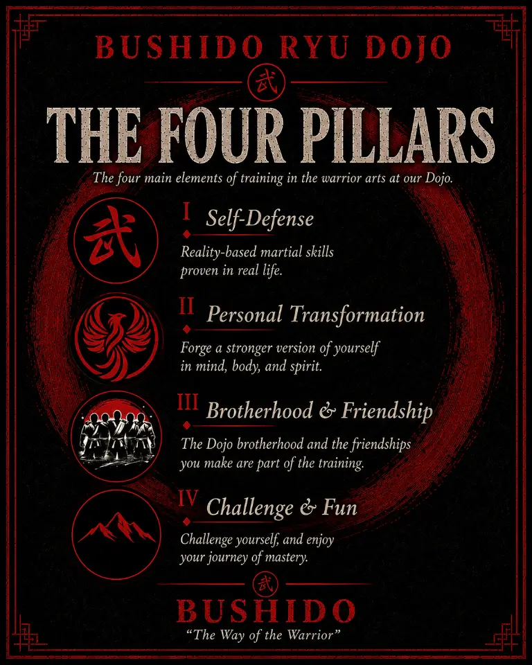 The four main aspects of training at our dojo are: Self-defense, Personal transformation, Brotherhood and friendship, Challenge and fun of the training