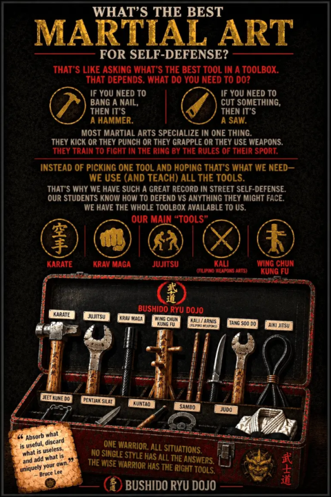 Martial arts are like tools in a toolbox. Different arts do different things well. The smart way is to have all the different tools you might need.