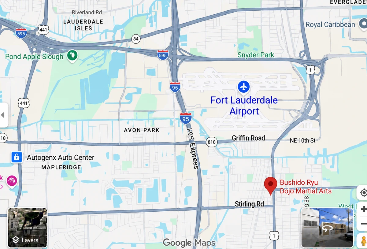Map showing the drive south from Fort Lauderdale and Fort Lauderdale-Hollywood International Airport along I-95 and US-1 to Bushido Ryu Dojo in Dania Beach, Florida.