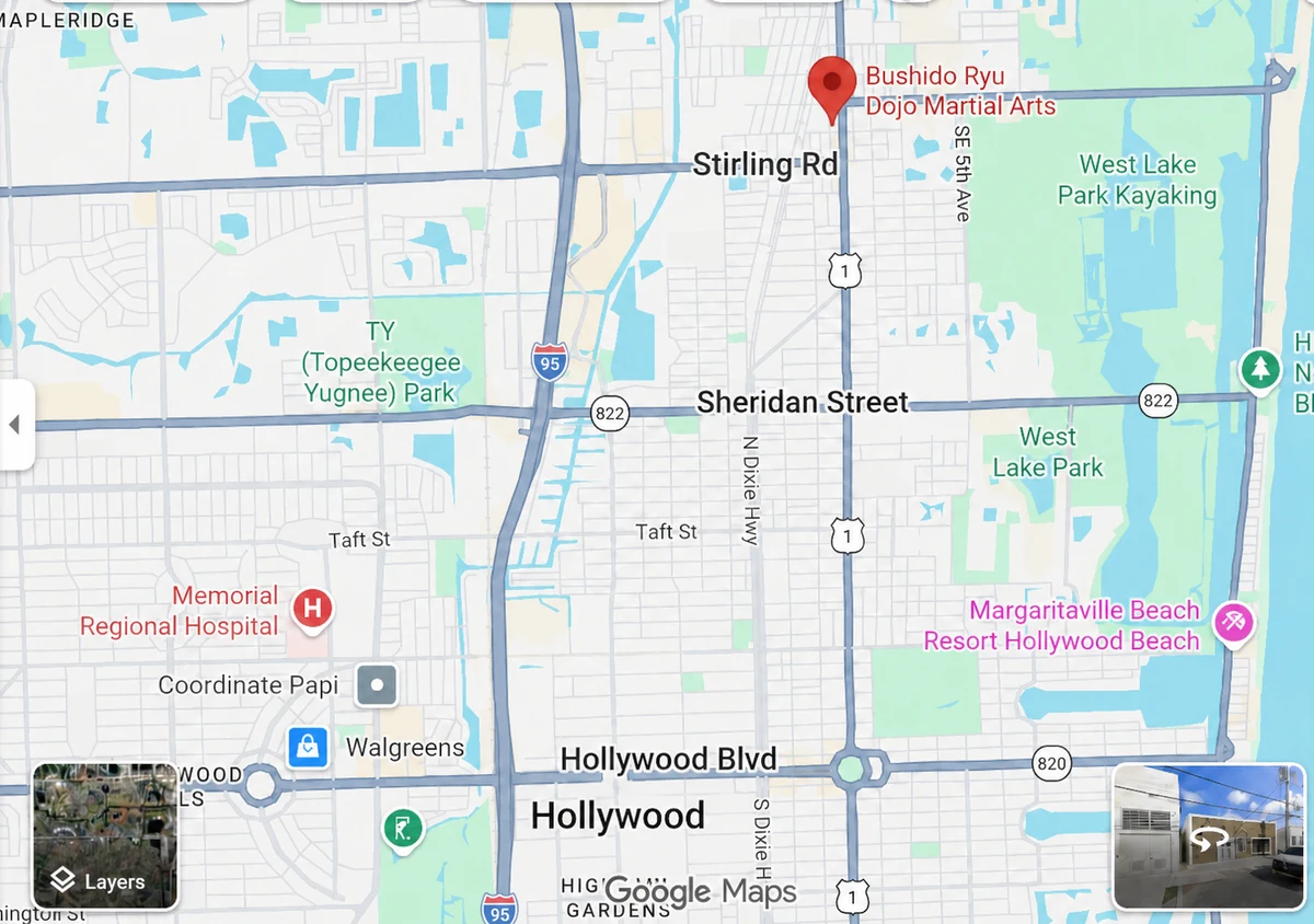 Map showing the short drive north from Hollywood, Florida up US-1 past Sheridan Street and Stirling Road to Bushido Ryu Dojo in Dania Beach.