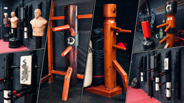 Five Wing Chun Mook Jong wooden dummies on the training floor at Bushido Ryu Dojo, Dania Beach FL